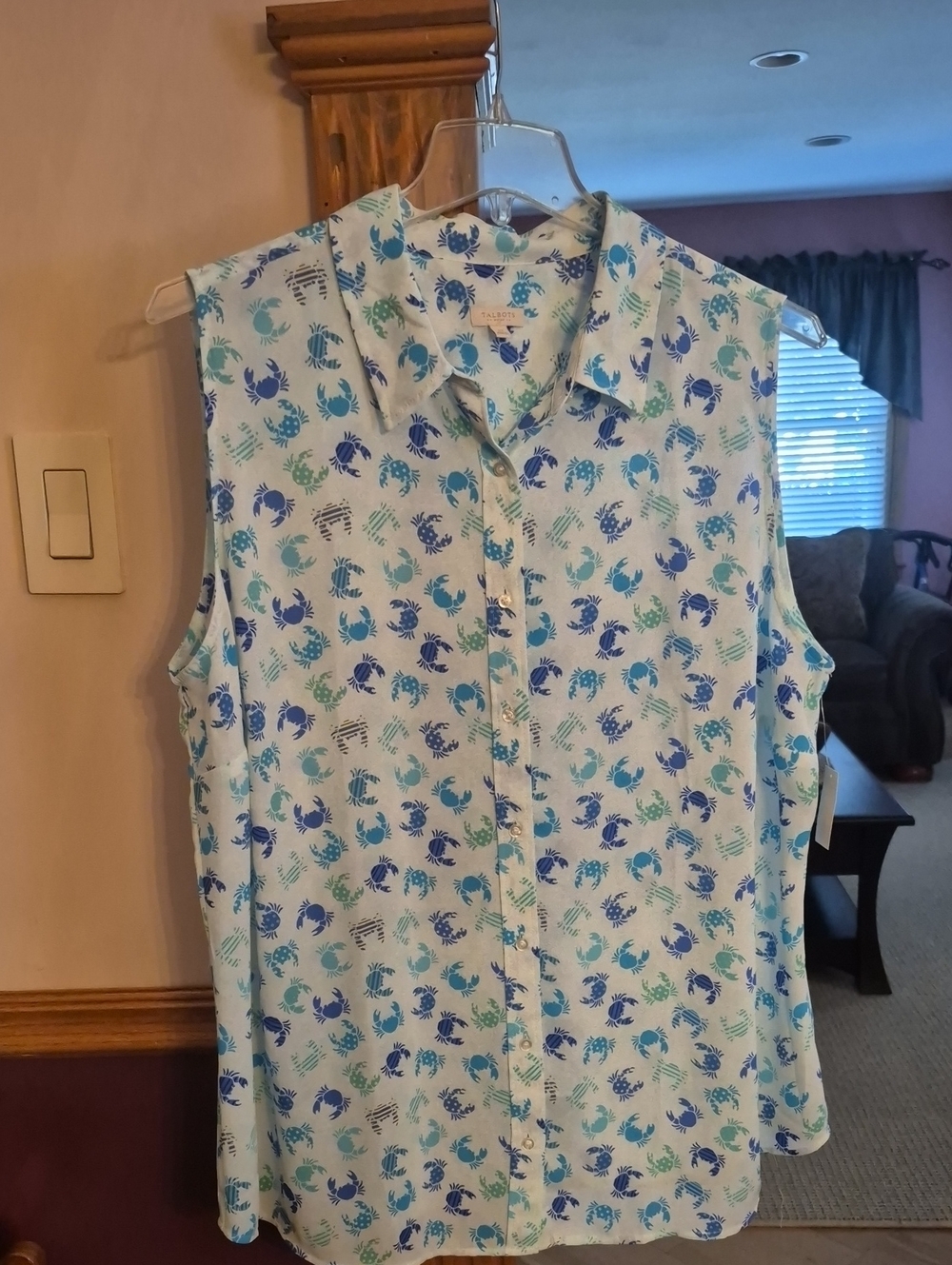 Talbots Blue & Aqua Crab-Print Collared Blouse